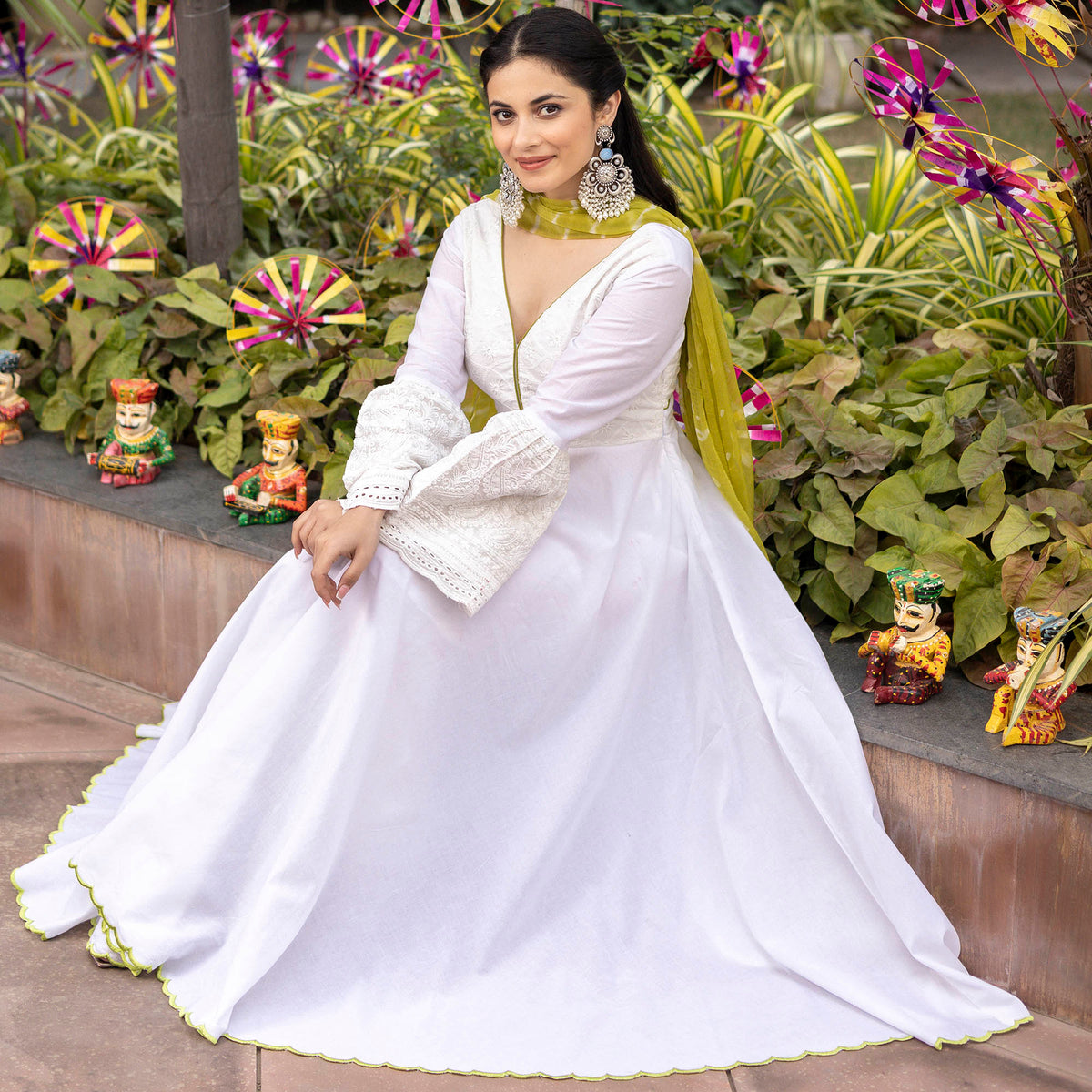 White Schiffli Anarkali Set