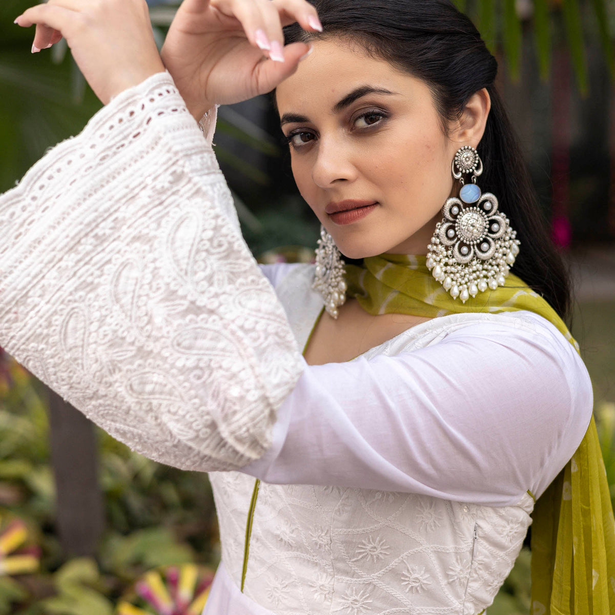 White Schiffli Anarkali Set