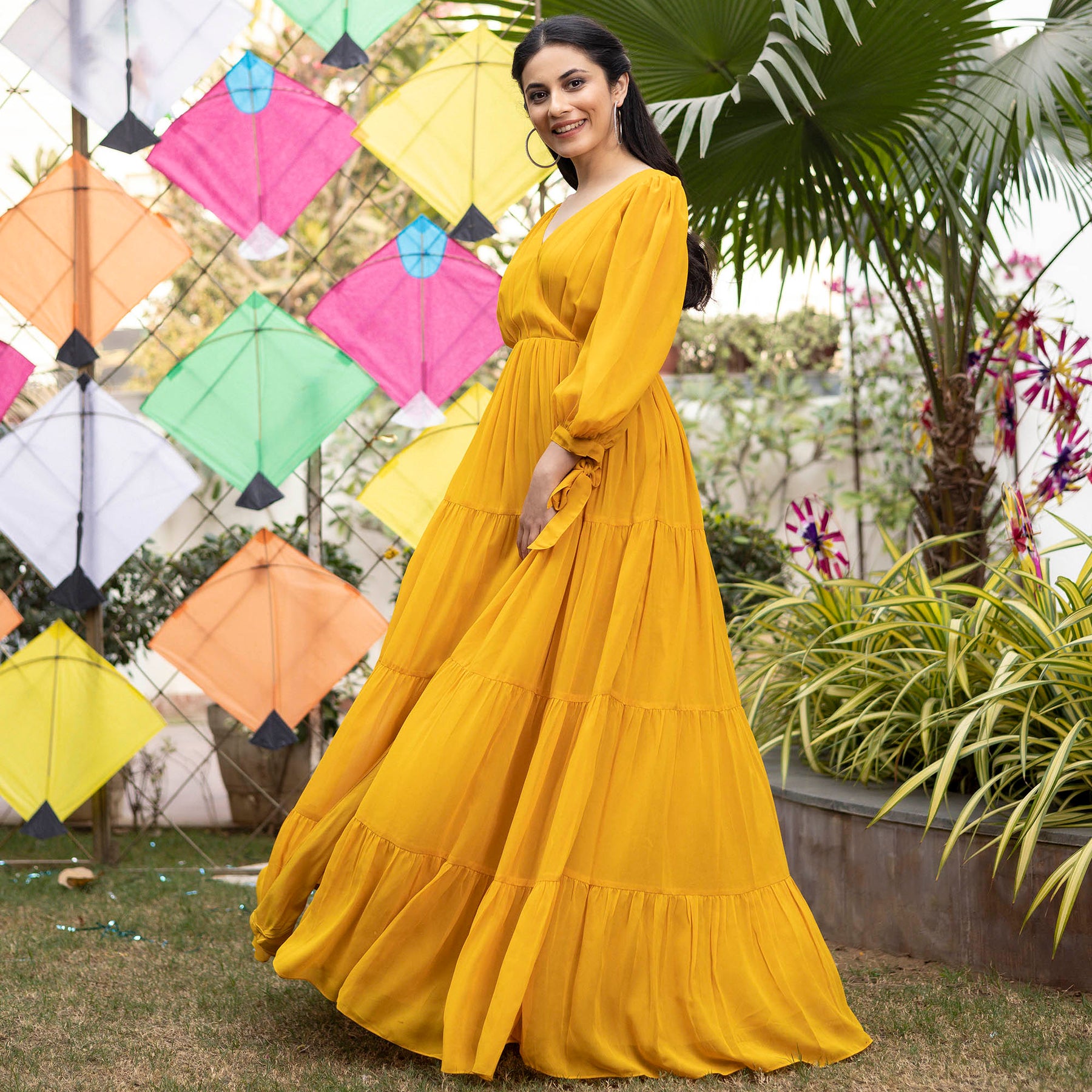 Mustard Yellow Pleated Angrakha Style Floor Length Dress