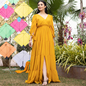 Mustard Yellow Pleated Angrakha Style Floor Length Dress