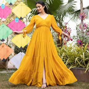 Mustard Yellow Pleated Angrakha Style Floor Length Dress