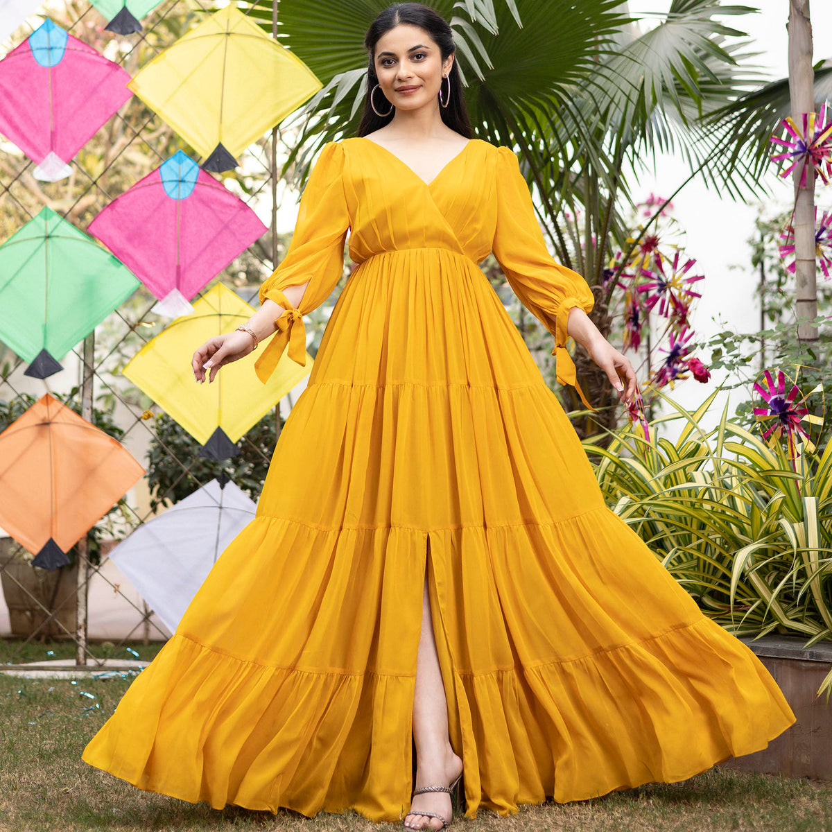 Mustard Yellow Pleated Angrakha Style Floor Length Dress