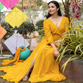 Mustard Yellow Pleated Angrakha Style Floor Length Dress