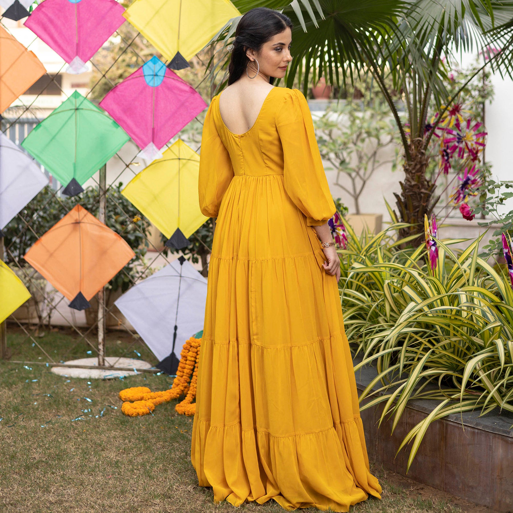 Mustard Yellow Pleated Angrakha Style Floor Length Dress