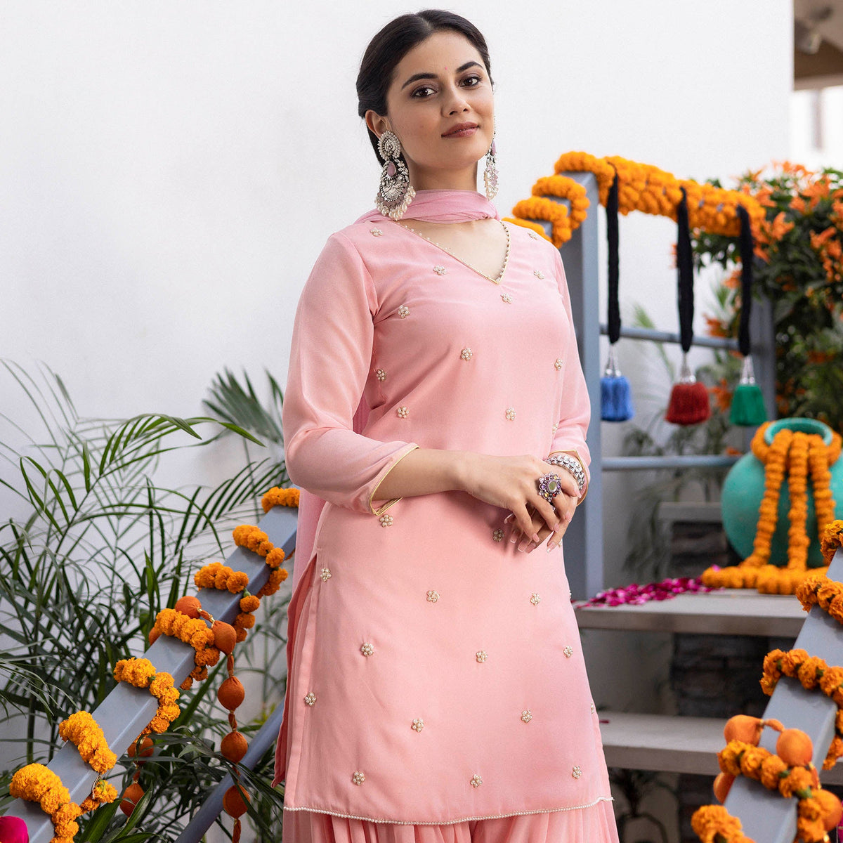 Pink Hand Embroidered Patiyala Suit