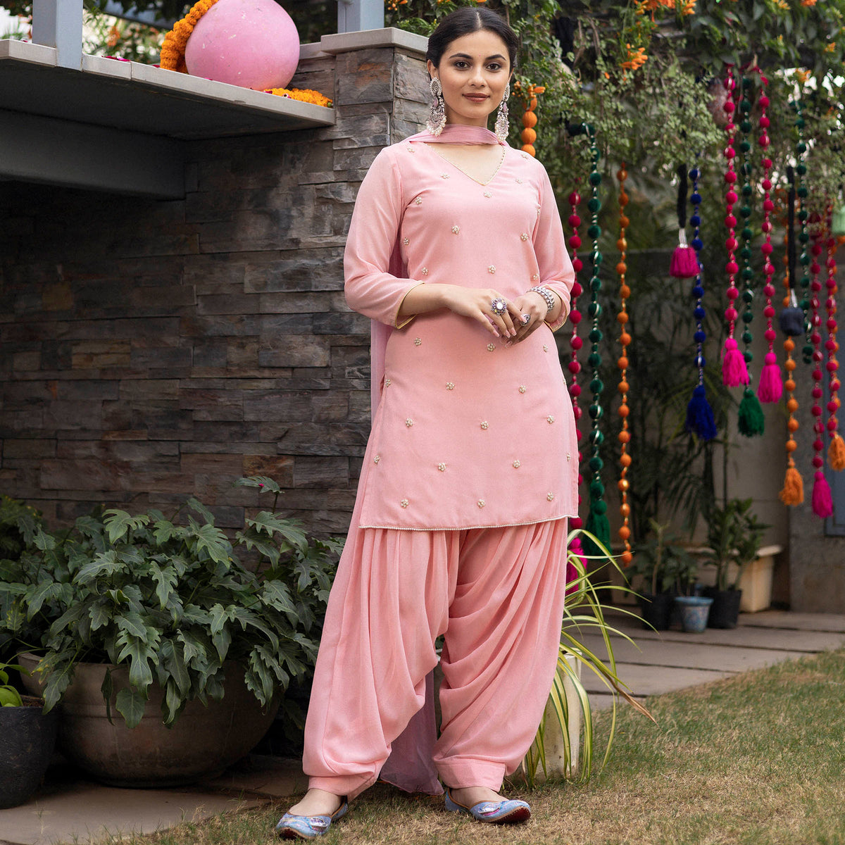 Pink Hand Embroidered Patiyala Suit