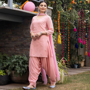 Pink Hand Embroidered Patiyala Suit