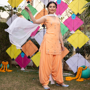 Peach Hand Embroidered Patiyala Suit