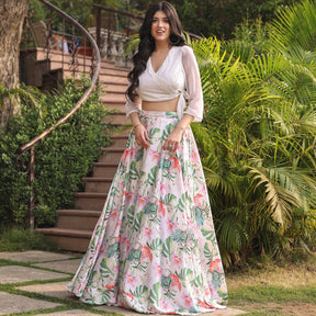 WHITE FLORAL PRINTED SKIRT SET