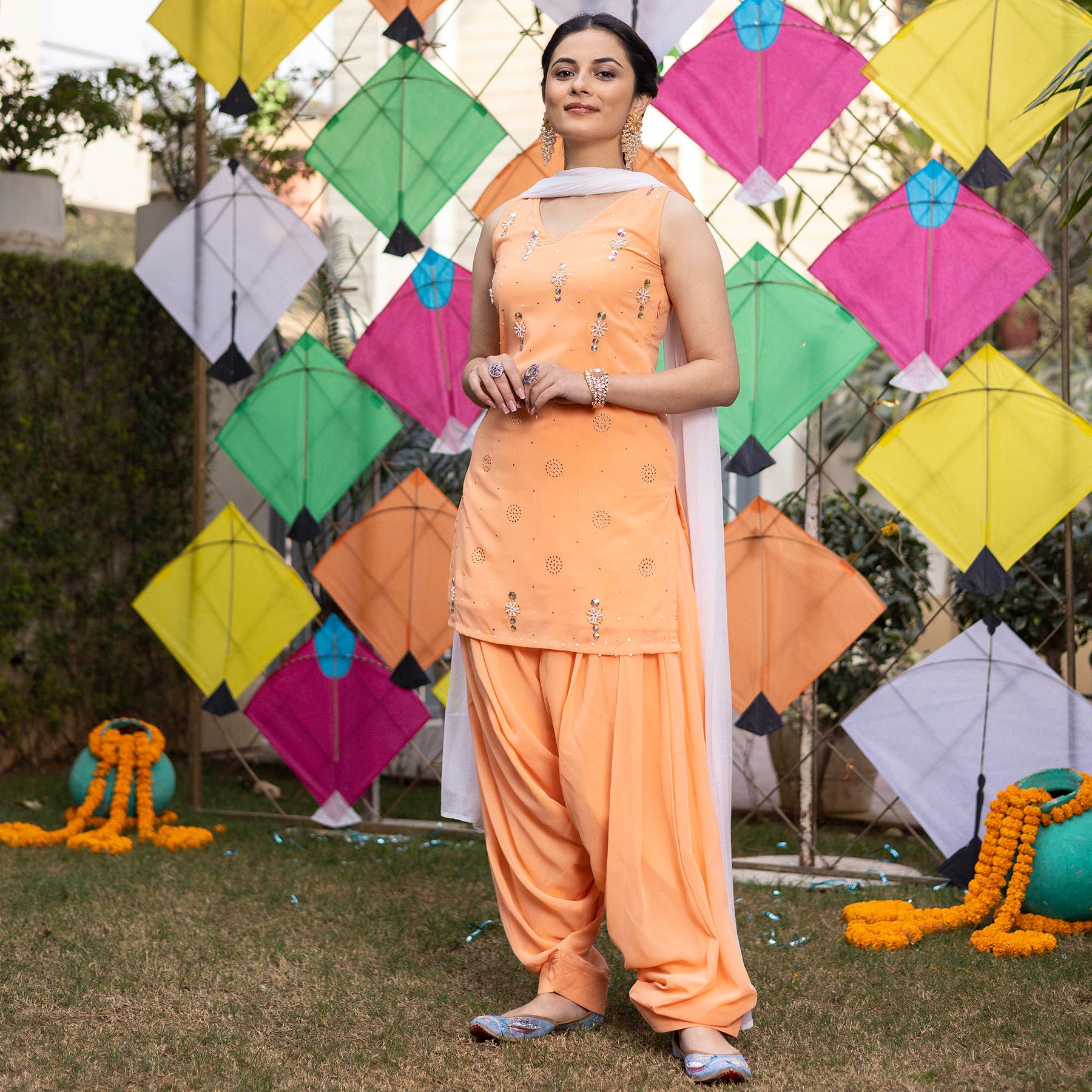 Peach Hand Embroidered Patiyala Suit