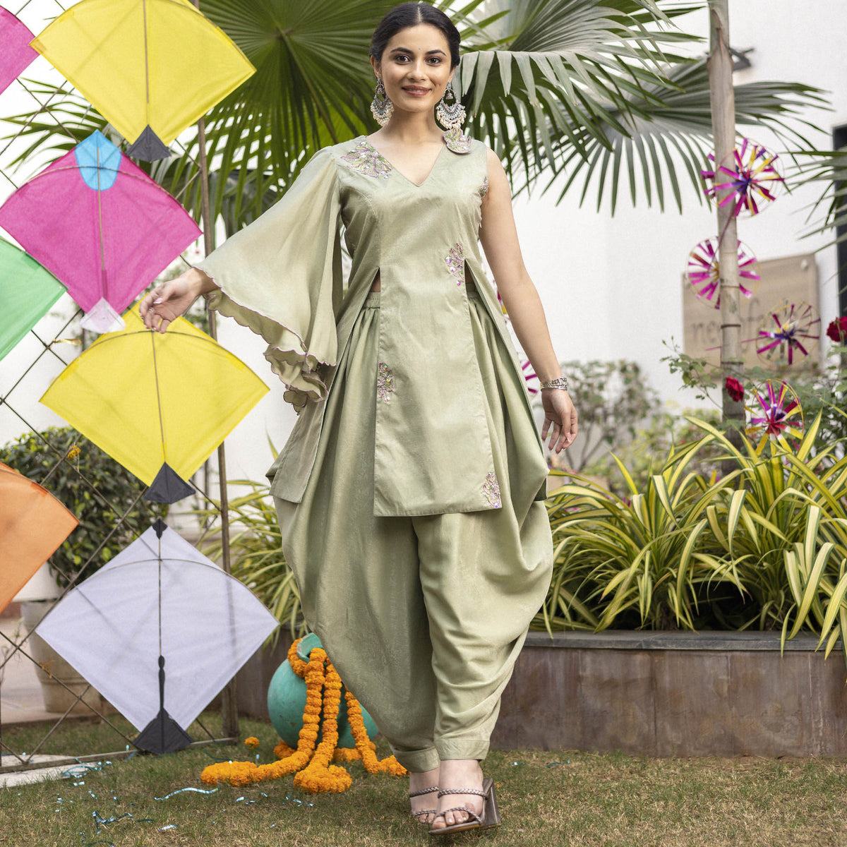 Tea Green Apricot Kurta Dhoti Set