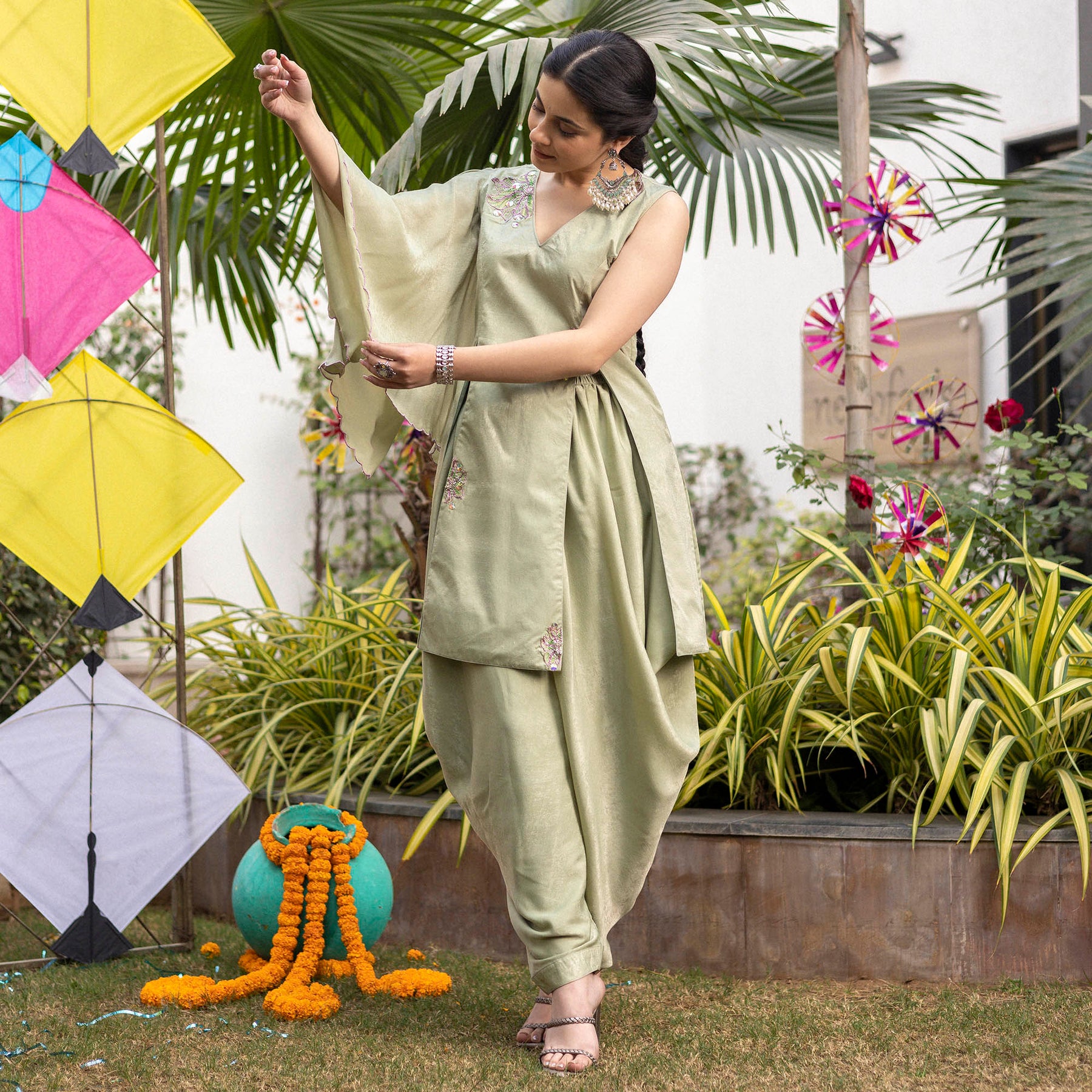 Tea Green Apricot Kurta Dhoti Set