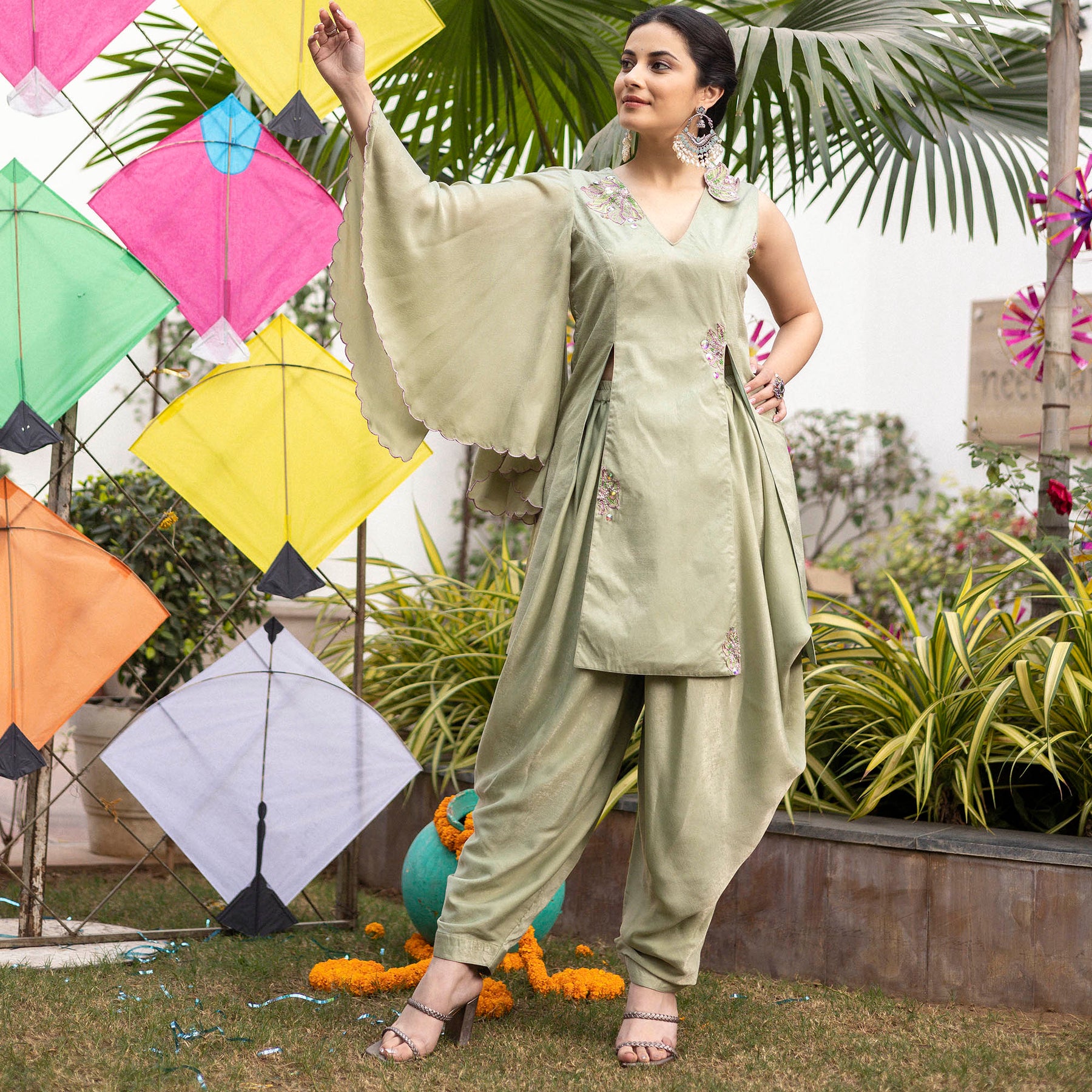 Tea Green Apricot Kurta Dhoti Set