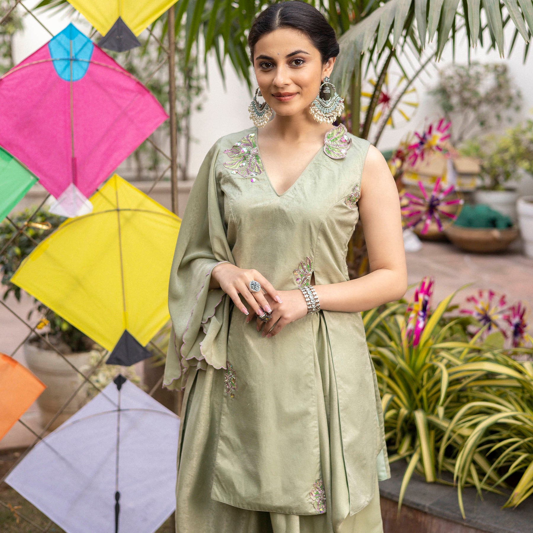 Tea Green Apricot Kurta Dhoti Set