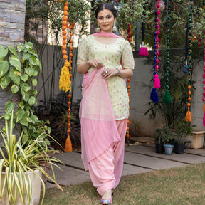 Green Pink Hand Embroidered Patiyala Suit Set