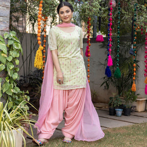 Green Pink Hand Embroidered Patiyala Suit Set