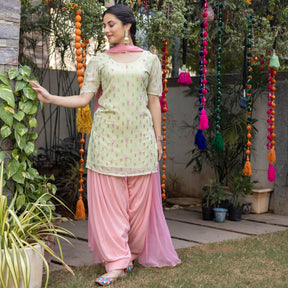 Green Pink Hand Embroidered Patiyala Suit Set