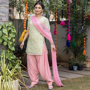 Green Pink Hand Embroidered Patiyala Suit Set