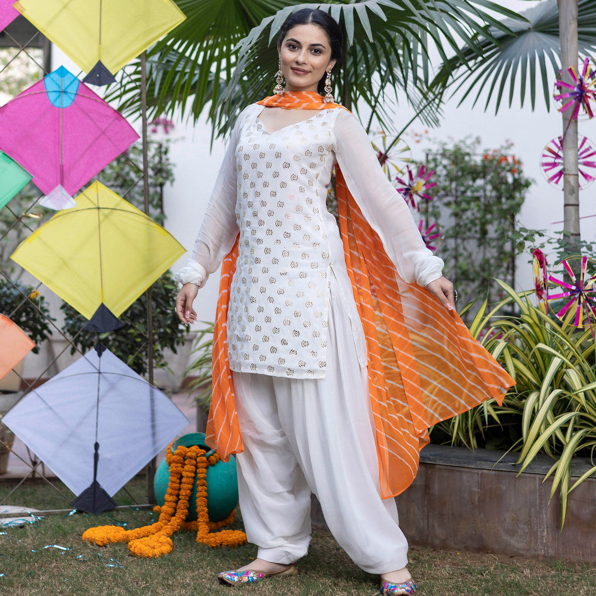 White Mukaish Patiyala Suit With Orange Leheriya Dupatta