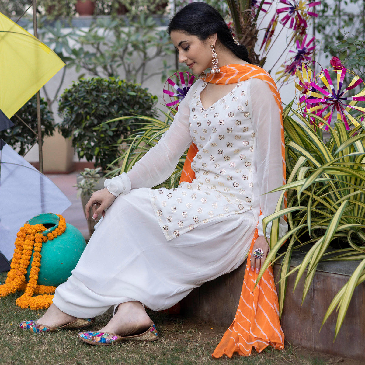 White Mukaish Patiyala Suit With Orange Leheriya Dupatta