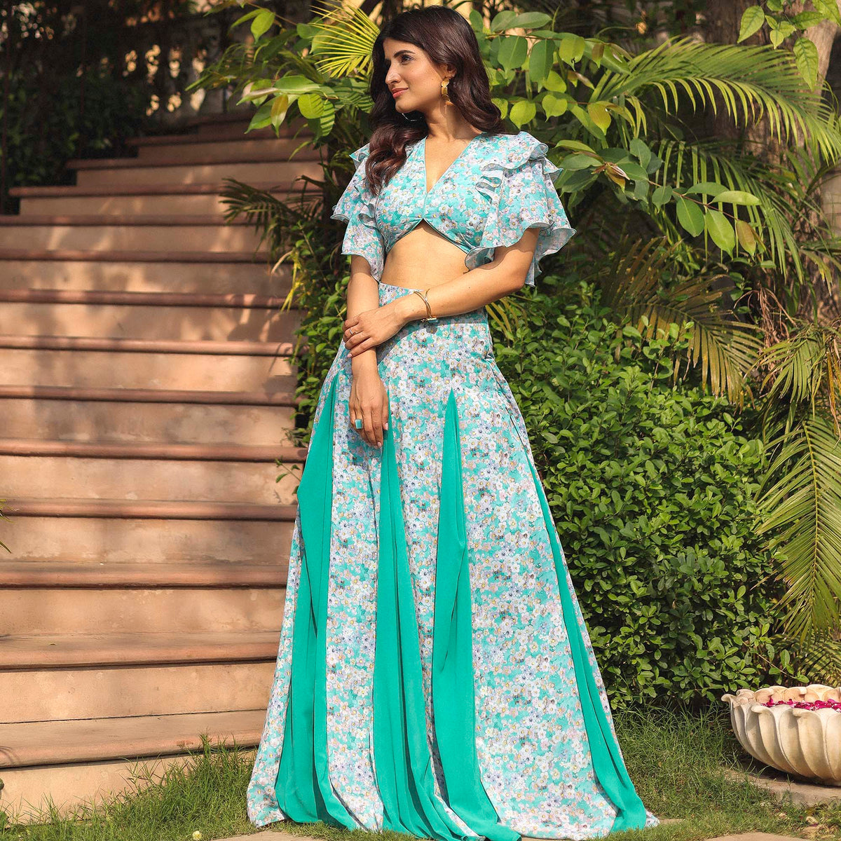 RAMA GREEN PRINTED SKIRT SET