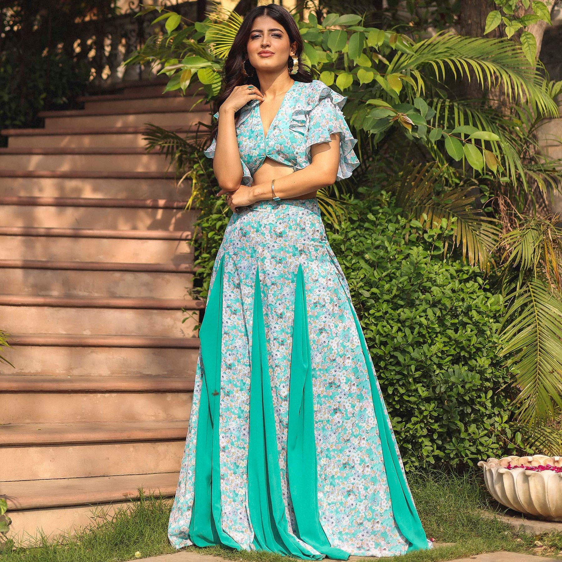 RAMA GREEN PRINTED SKIRT SET