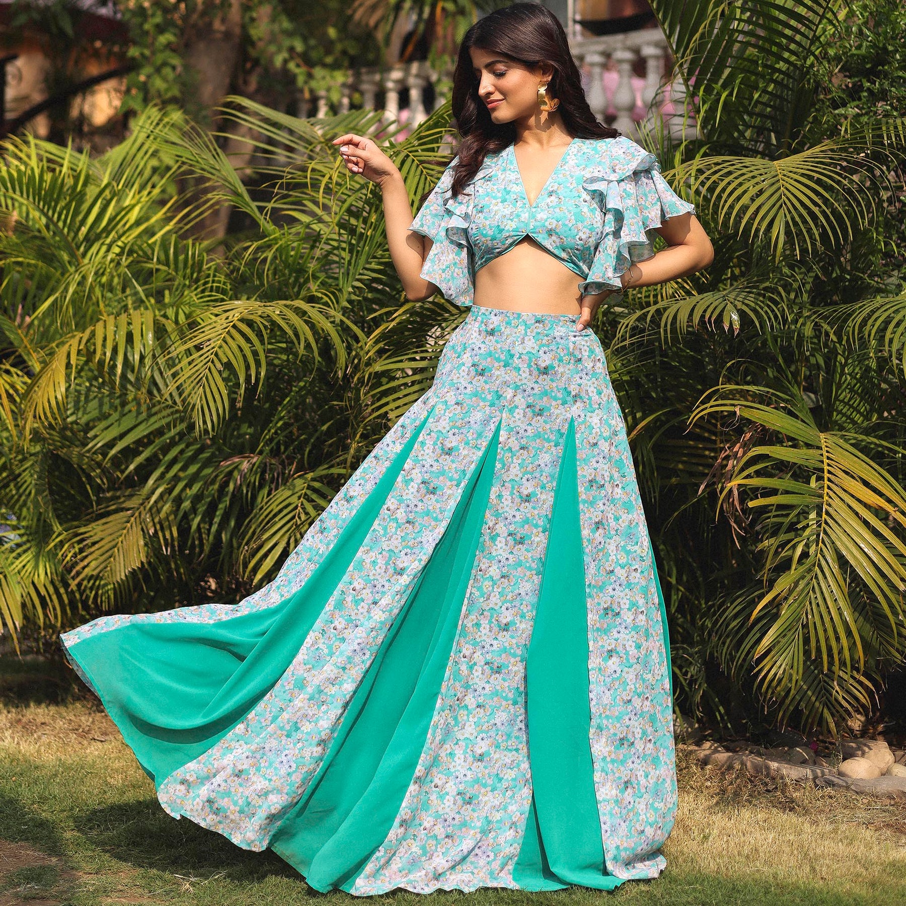 RAMA GREEN PRINTED SKIRT SET