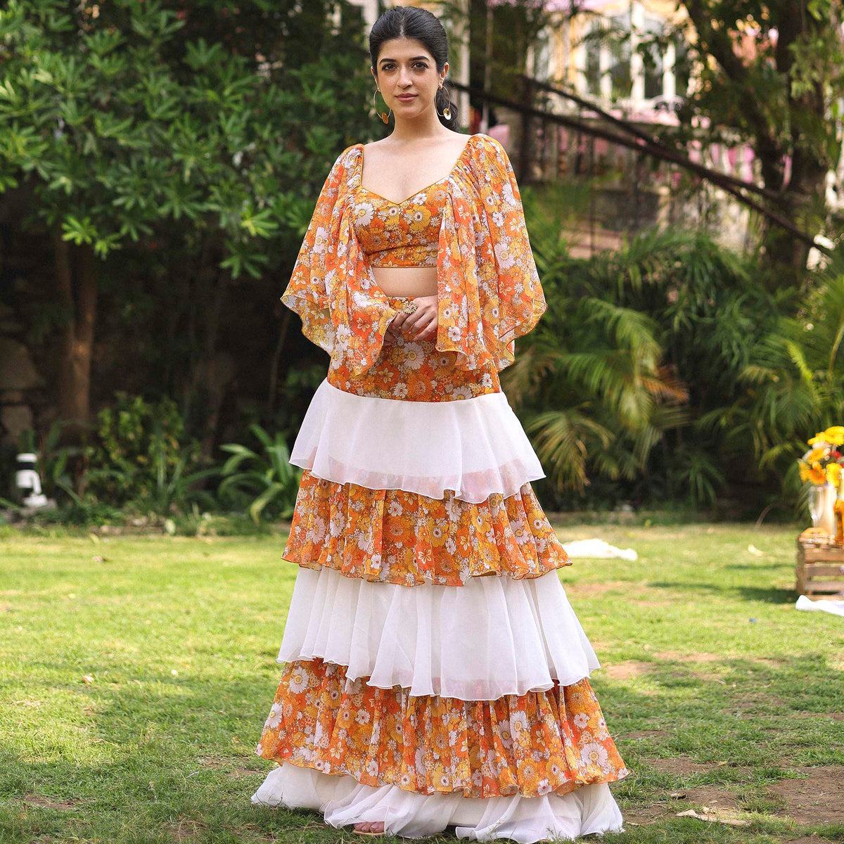 ORANGE PRINTED SKIRT TOP SET