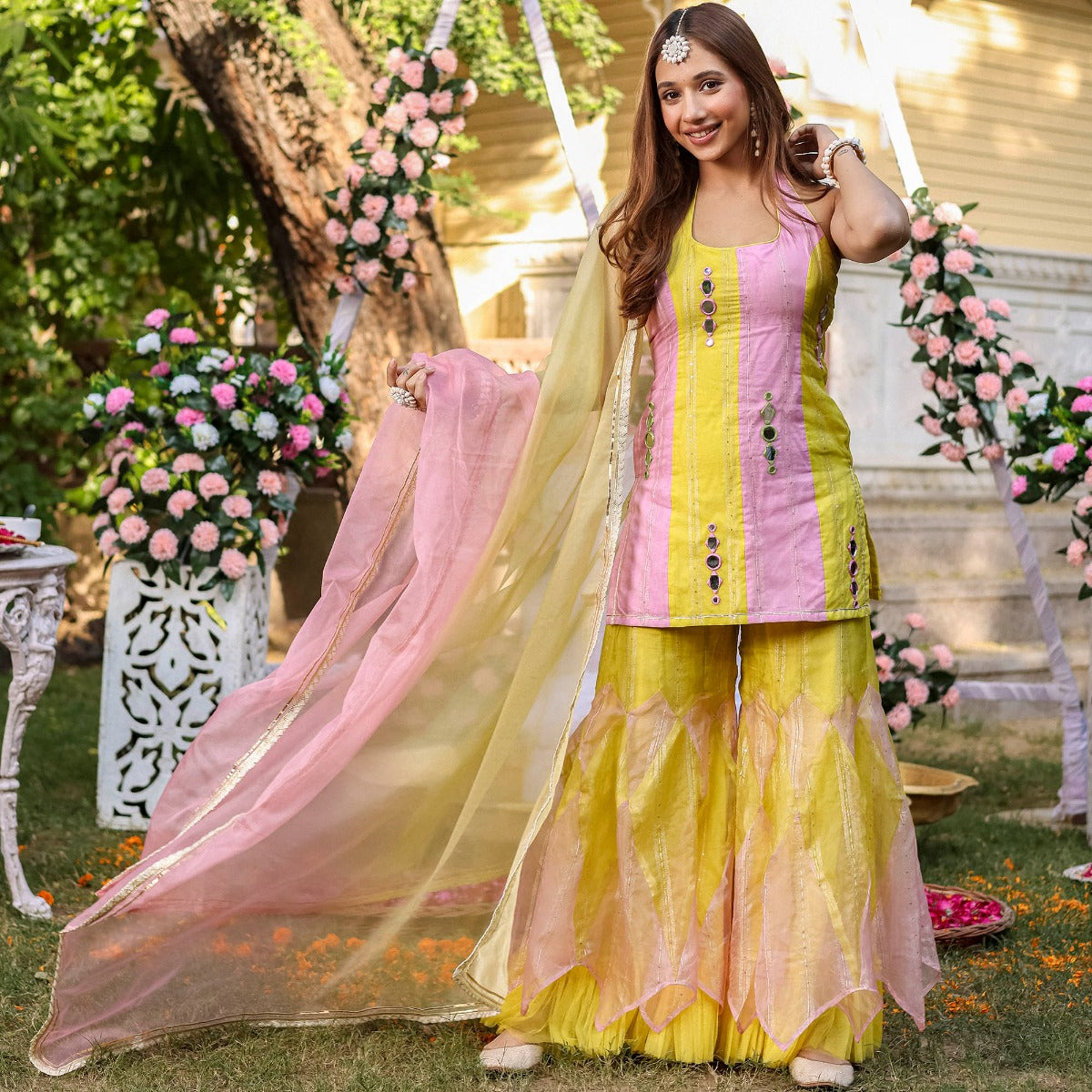 Yellow Pink Kurta Sharara Set