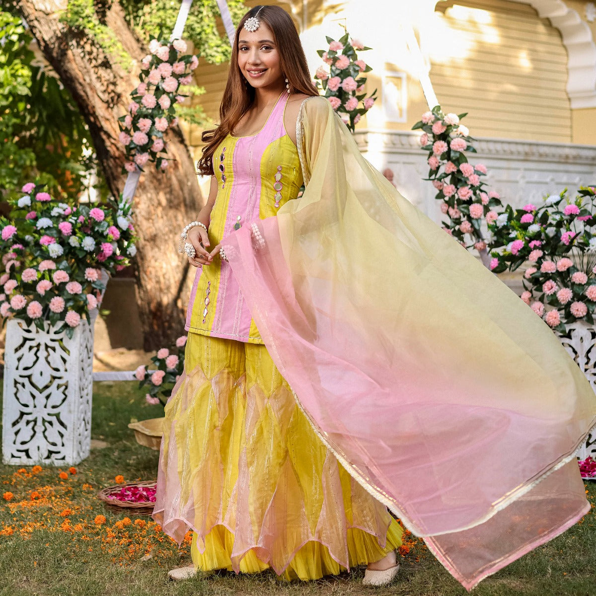 Yellow Pink Kurta Sharara Set