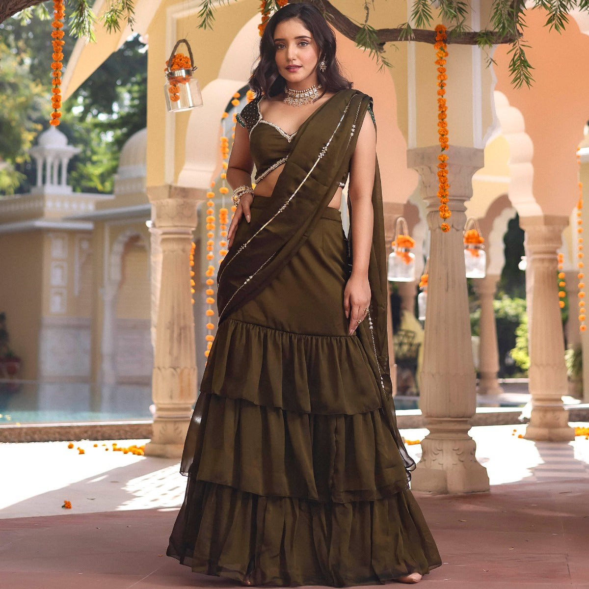 Olive Green Ruffle Saree