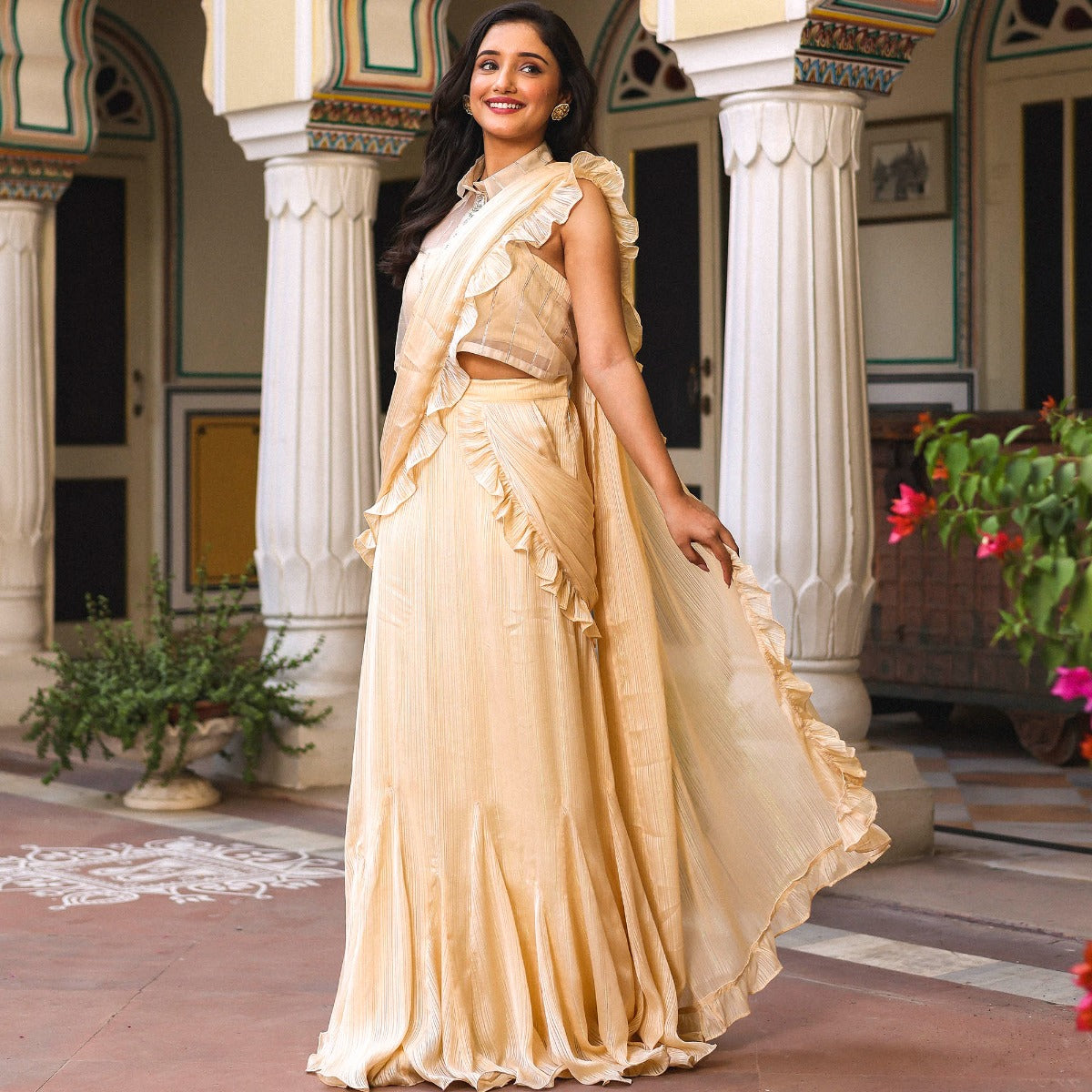 Cream Ruffle Saree With Jacket