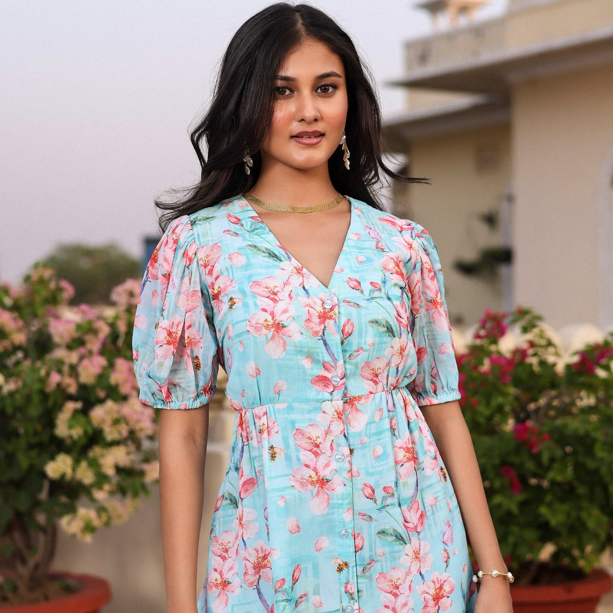 Blue printed Georgette Shirt Dress