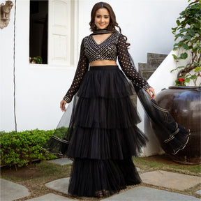 Black Net Tiered Flared Lehenga Set