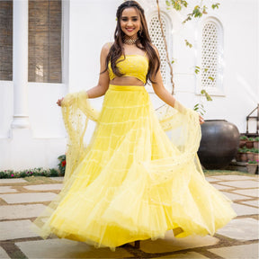 Yellow Net Tiered Flared Lehenga Set