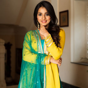 Yellow Aqua Silk Suit Set