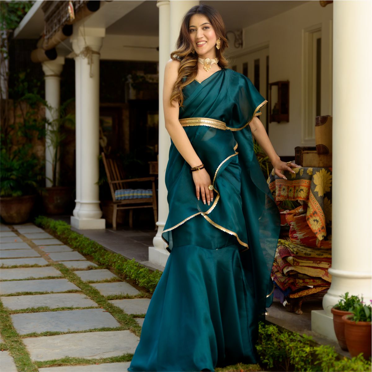 Green Organza Stitched Saree