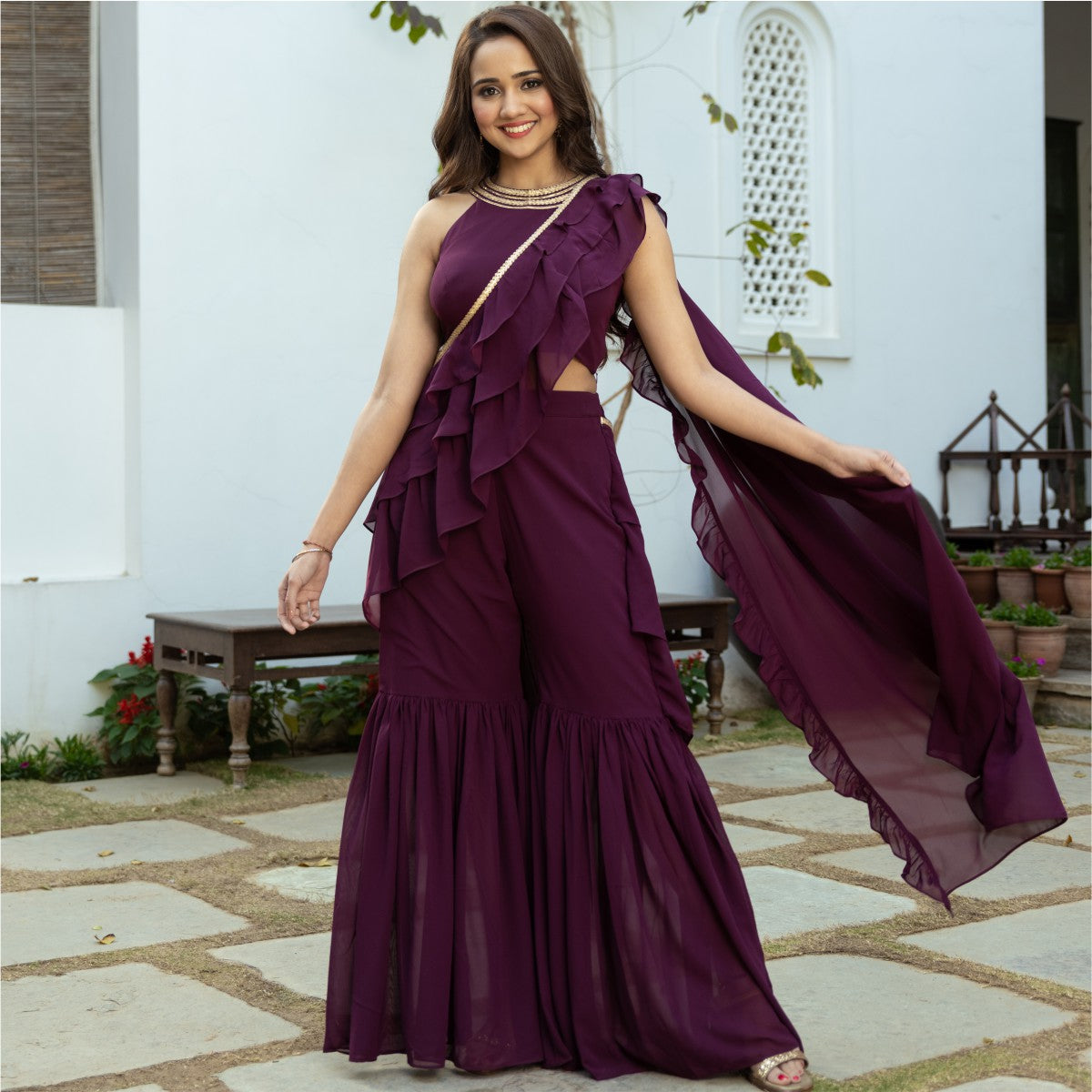 Purple Georgette Sharara Saree