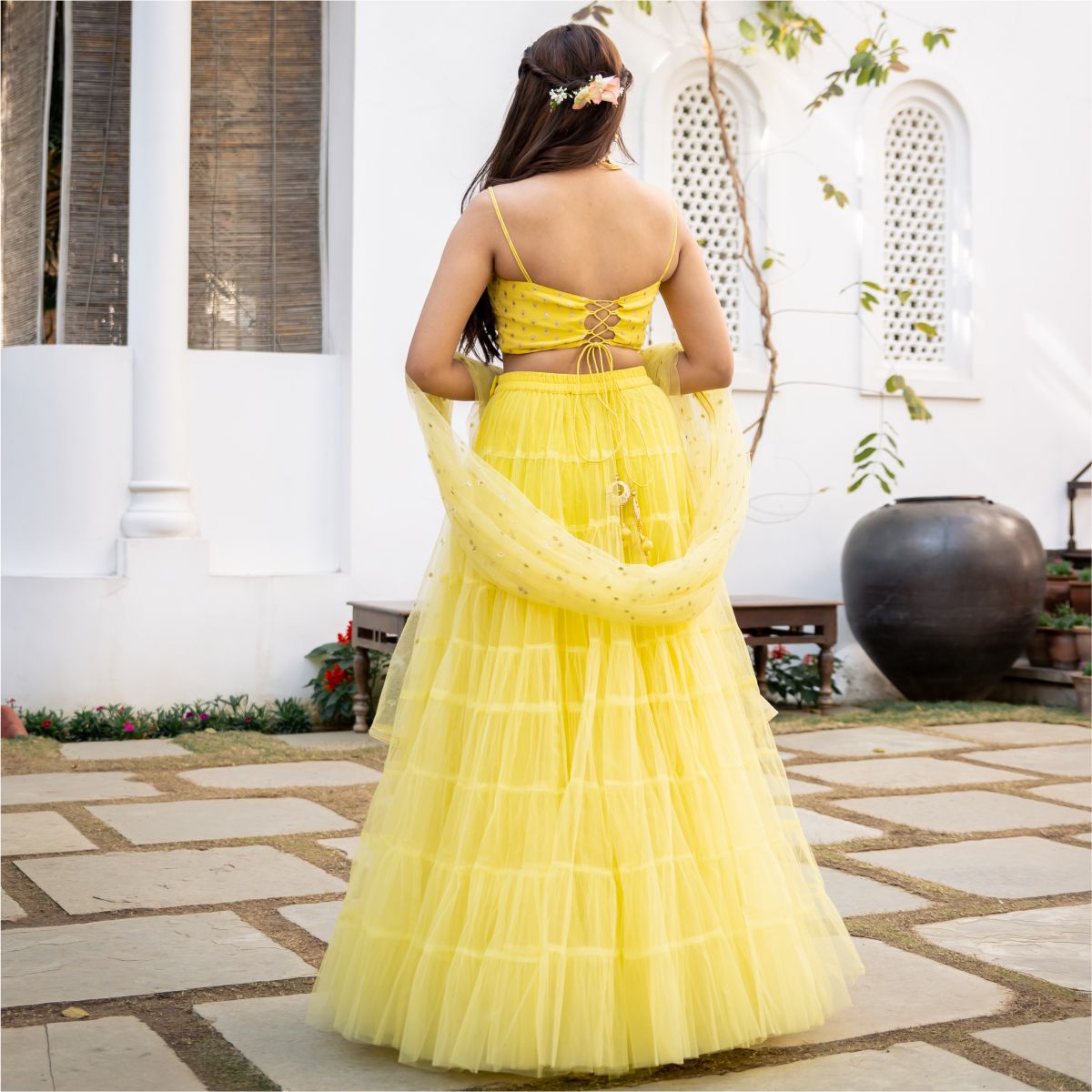 Yellow Net Tiered Flared Lehenga Set