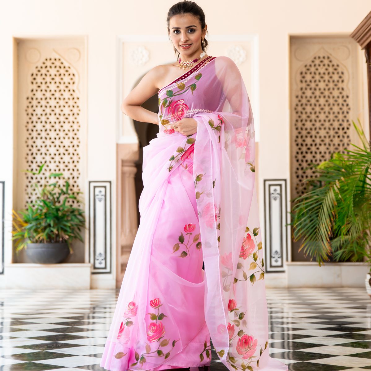 Pink Organza Unstitched Blouse Saree