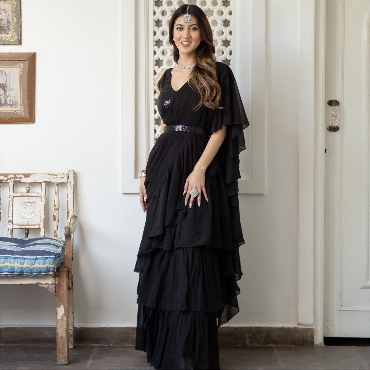 Black Georgette Saree With Stitched Blouse