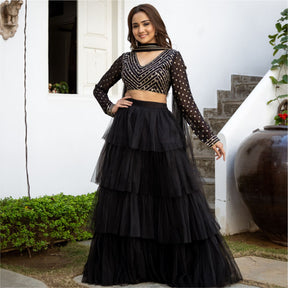 Black Net Tiered Flared Lehenga Set