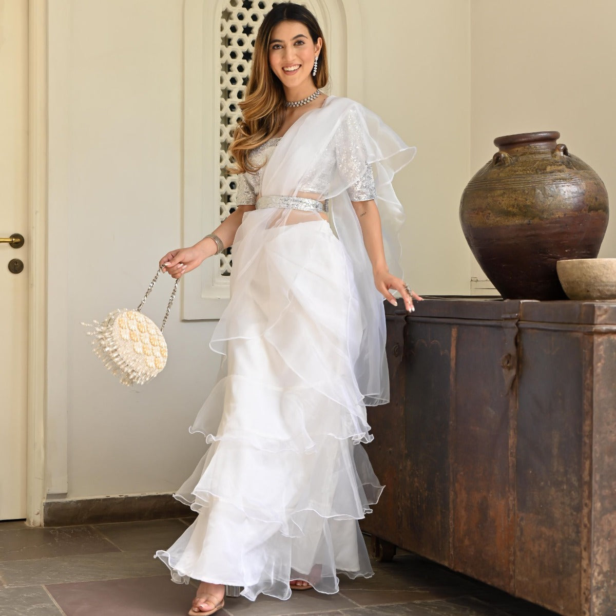 White organza Ruffle Saree