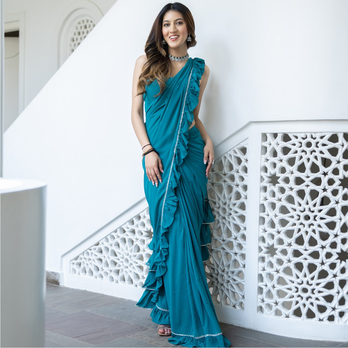 Green Georgette Stitched Saree