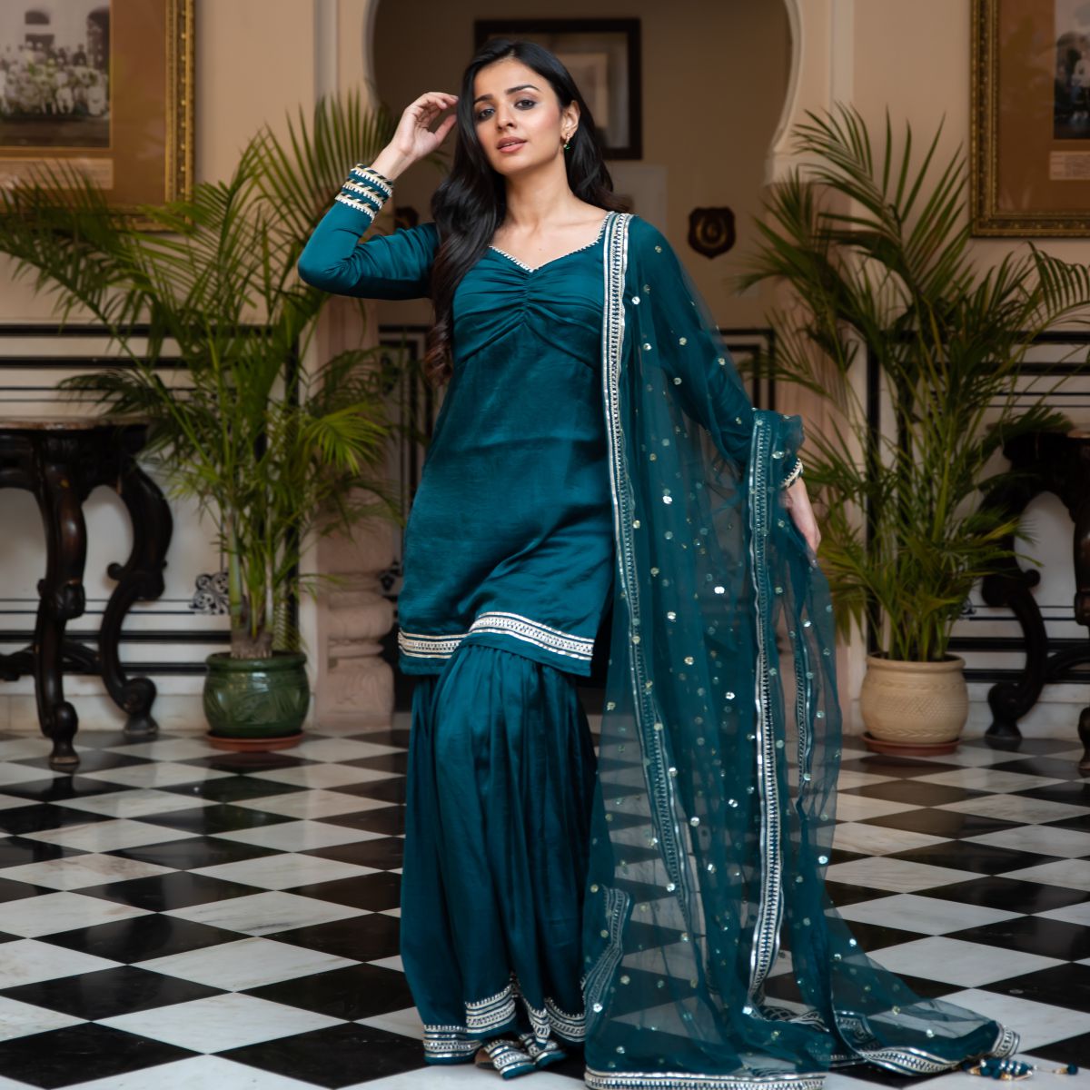 Green Silk Sharara Set