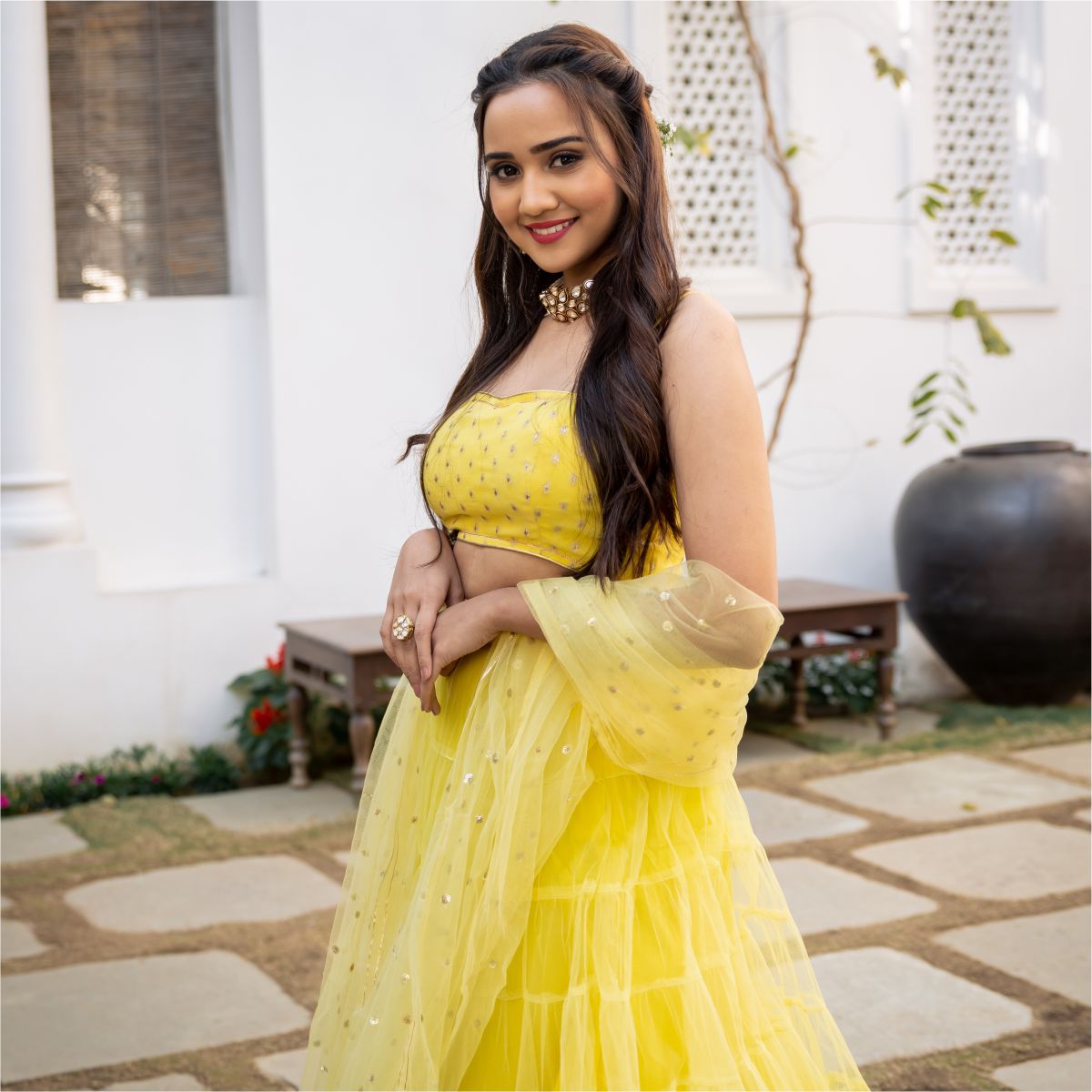 Yellow Net Tiered Flared Lehenga Set