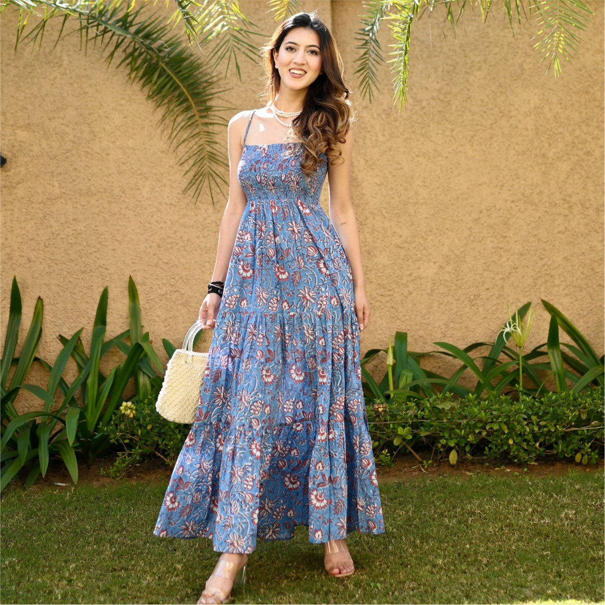 Blue Printed Tiered Long Dress