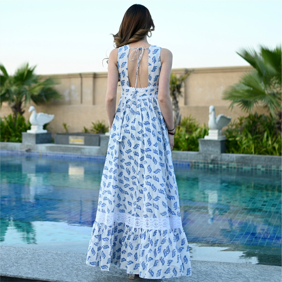 White And Blue Printed Cotton Dress