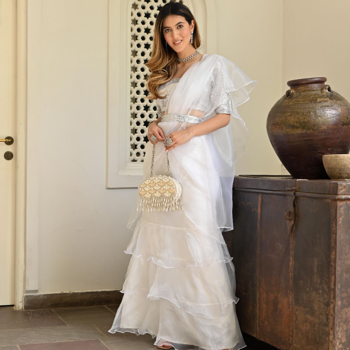 White organza Ruffle Saree