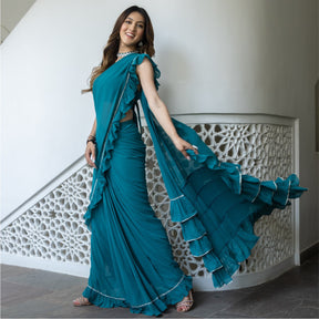 Green Georgette Stitched Saree